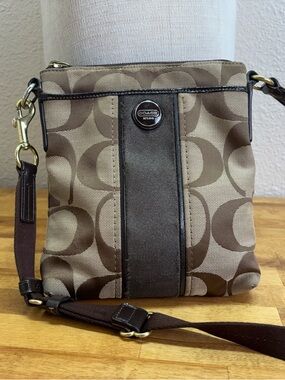 Coach Signature Stripe Swingpack Crossbody Brown Khaki